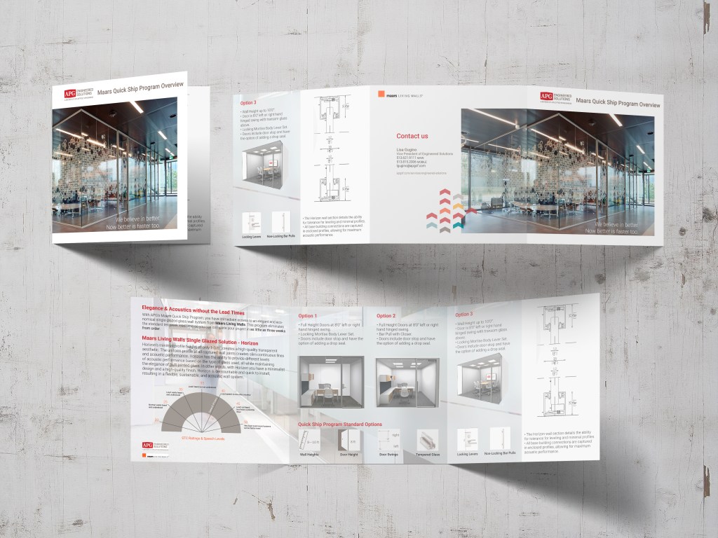 A 3D mock-up of a square trifold brochure for the Maars Living Walls quick-ship program launched by APG Office Furnishings.